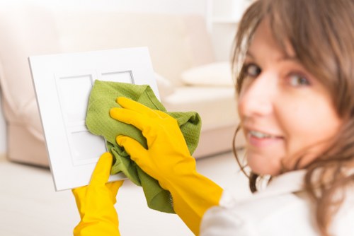 Technician assessing cleaning risks during a carpet cleaning task